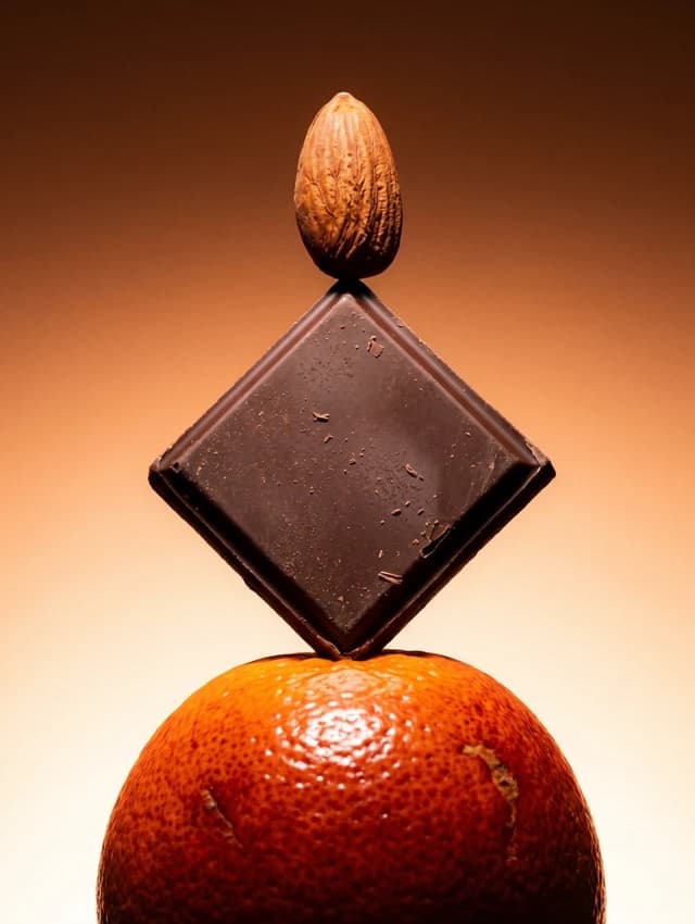 An orange, a square of chocolate, and an almond balanced in a stack.